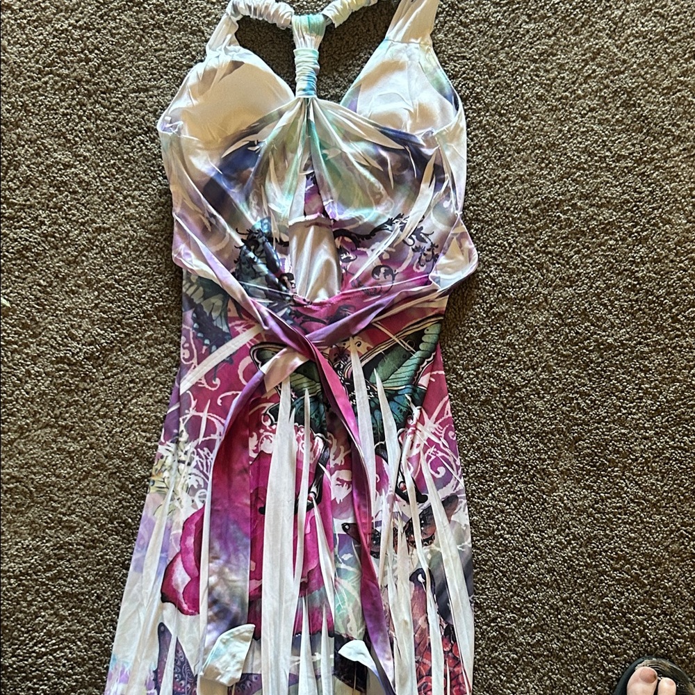 Halter Floral Print Handkerchief Hem Dress - Pastel Pink & Purple - Picture 4 of 4